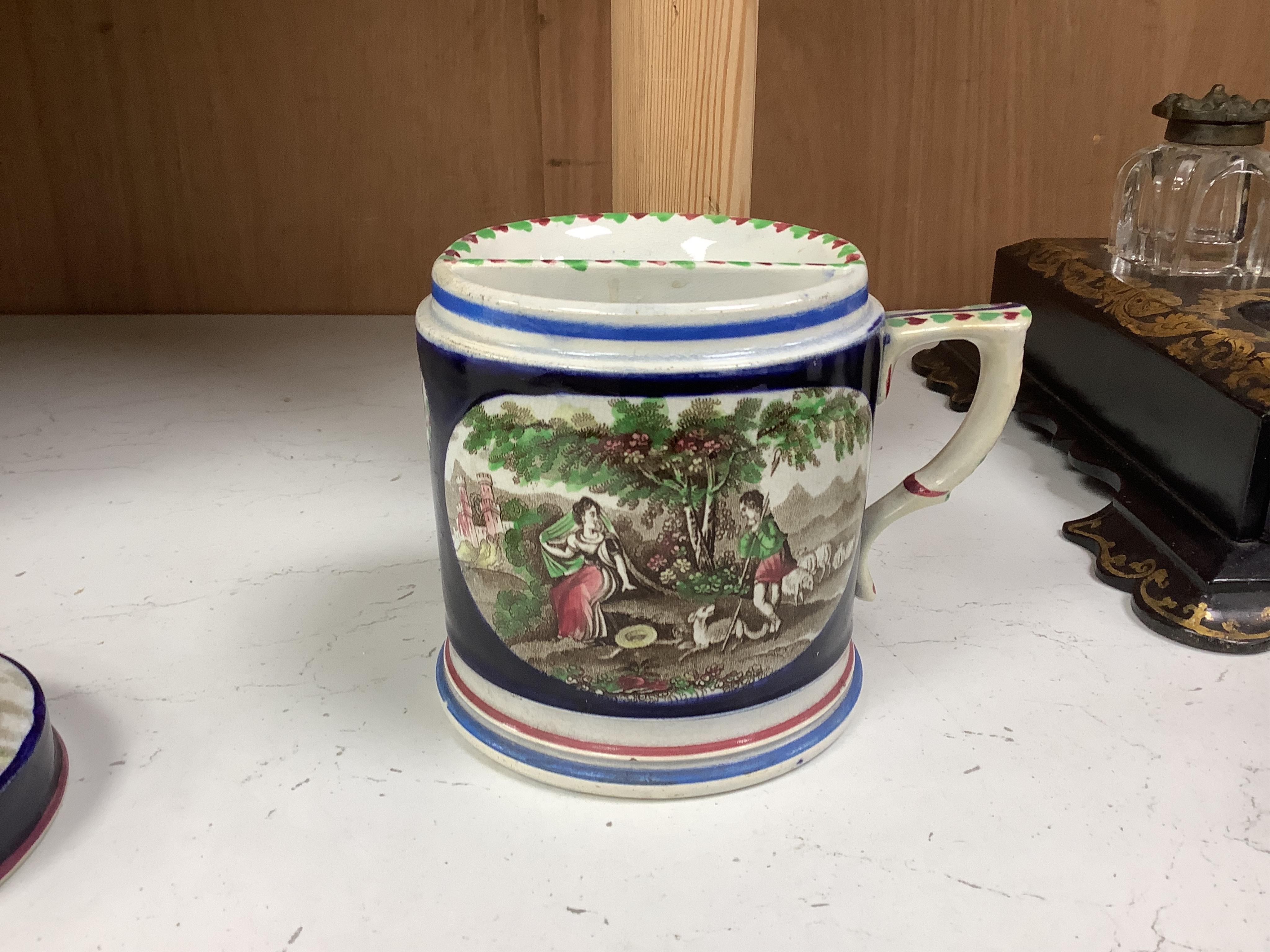 A mid 19th century pearlware teapot, a moustache mug and cover, two chinoiserie tiles and a Napoleon black and white transfer dish, Madrid 1808. Teapot and cover 16cm high. Condition - tile and teapot spout chipped